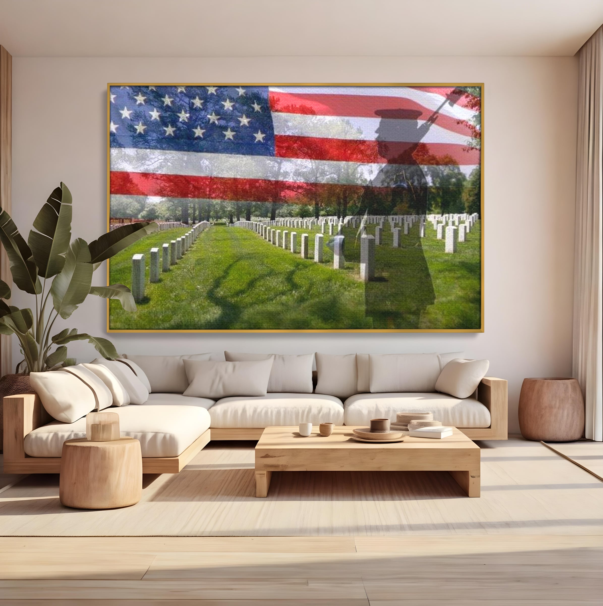 Tablou canvas cu tablou canvas cu silueta de soldat si steagul sua, in rama de aluminiu auriu, pe perete intr-un living